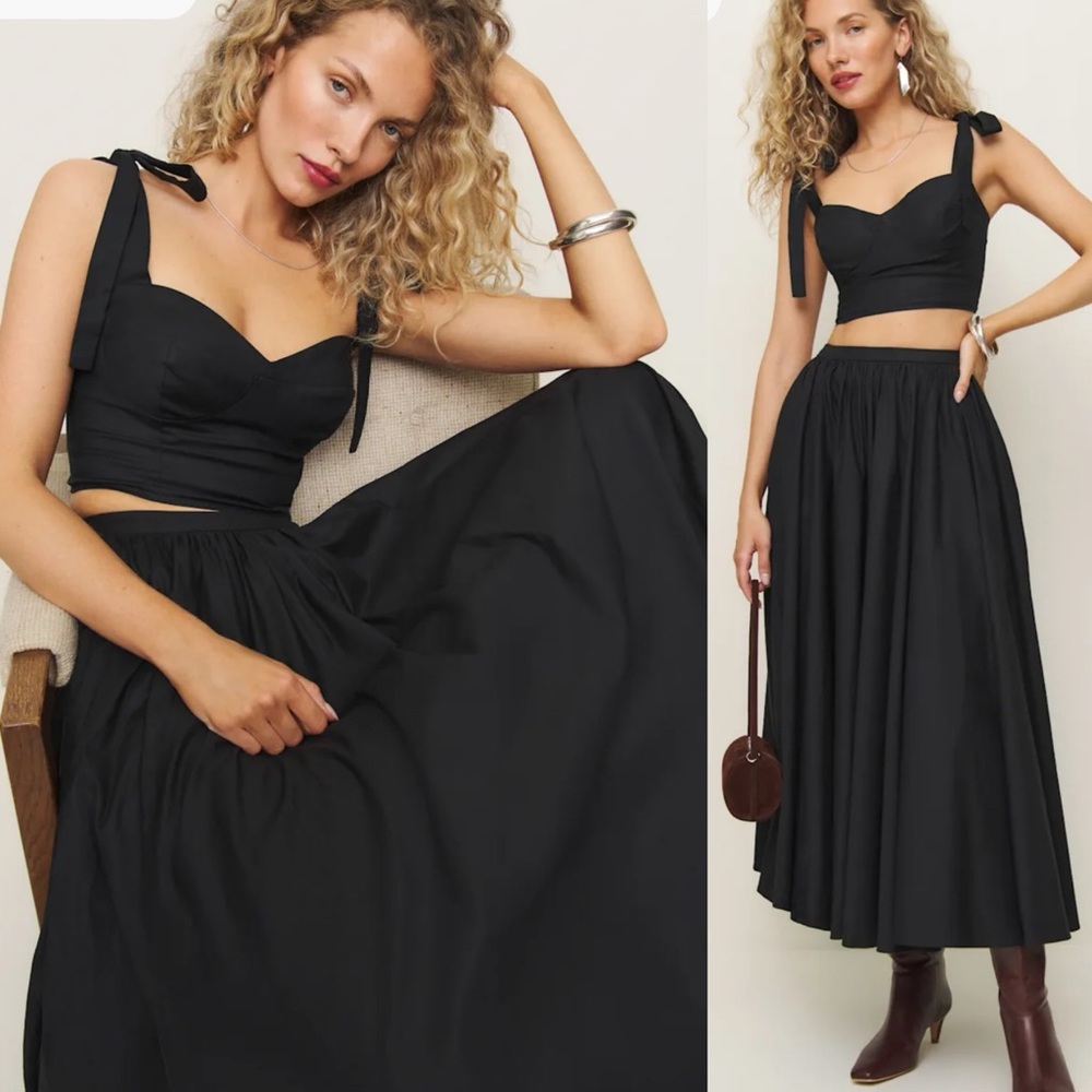 NWT Reformation Magnolia Two Piece Skirt Set Midi Skirt And Top Size 8 Black - Picture 2 of 8
